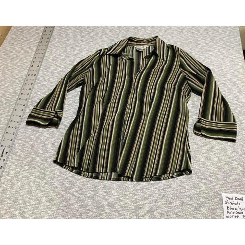 Fred David Stretch Black/Green Vertical Striped Blouse women S. SKU-B725